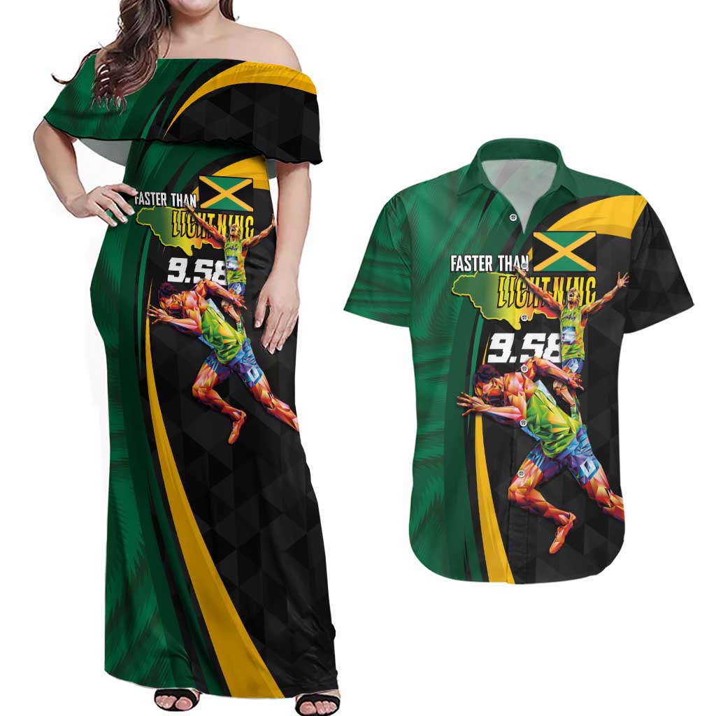 Jamaican Pride Couples Matching Off Shoulder Maxi Dress and Hawaiian Shirt 9.58 Seconds-Faster Than Lightning - Wonder Print Shop