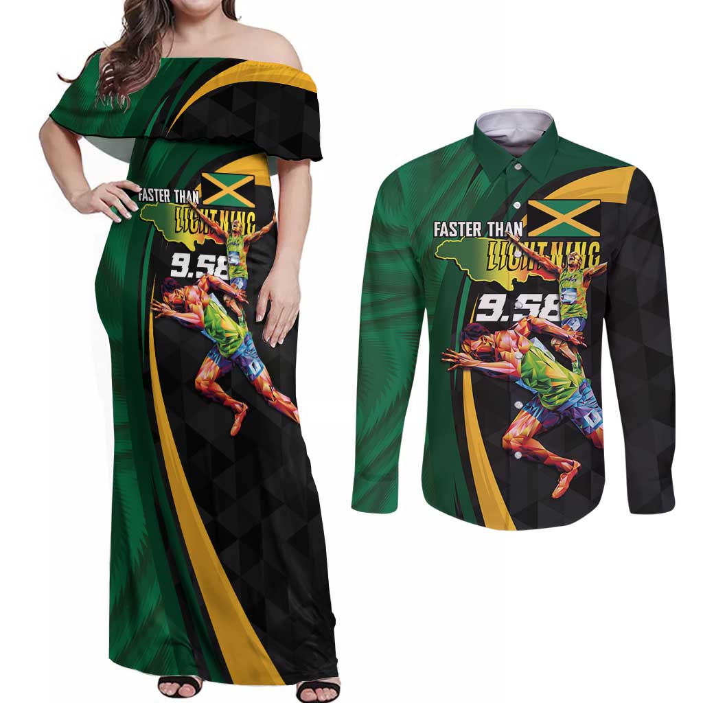 Jamaican Pride Couples Matching Off Shoulder Maxi Dress and Long Sleeve Button Shirt 9.58 Seconds-Faster Than Lightning - Wonder Print Shop