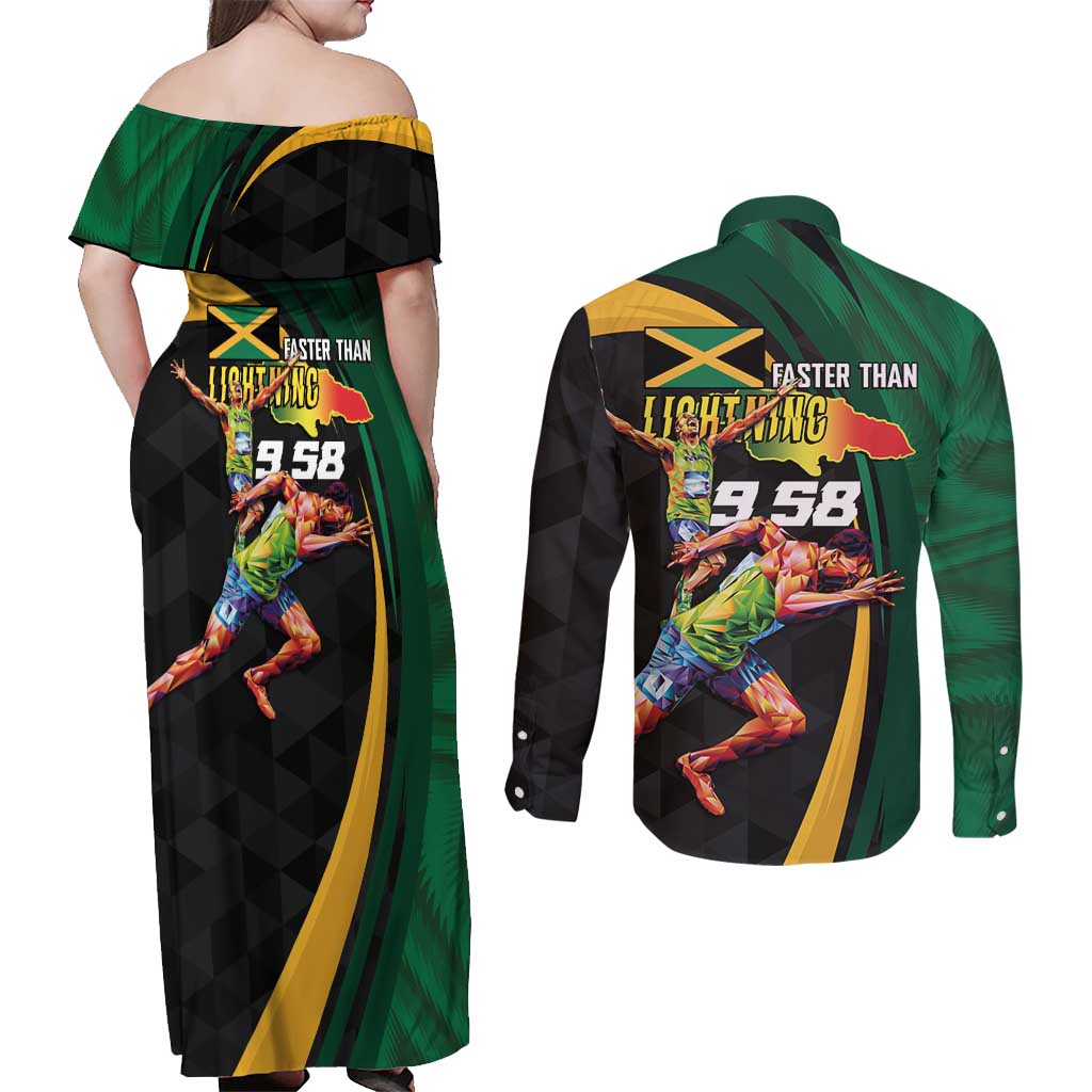 Jamaican Pride Couples Matching Off Shoulder Maxi Dress and Long Sleeve Button Shirt 9.58 Seconds-Faster Than Lightning - Wonder Print Shop