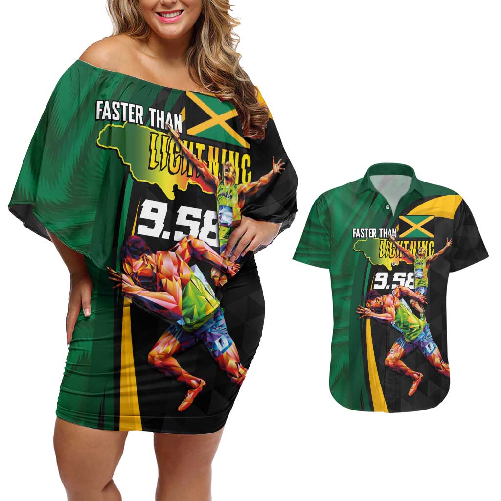 Jamaican Pride Couples Matching Off Shoulder Short Dress and Hawaiian Shirt 9.58 Seconds-Faster Than Lightning - Wonder Print Shop