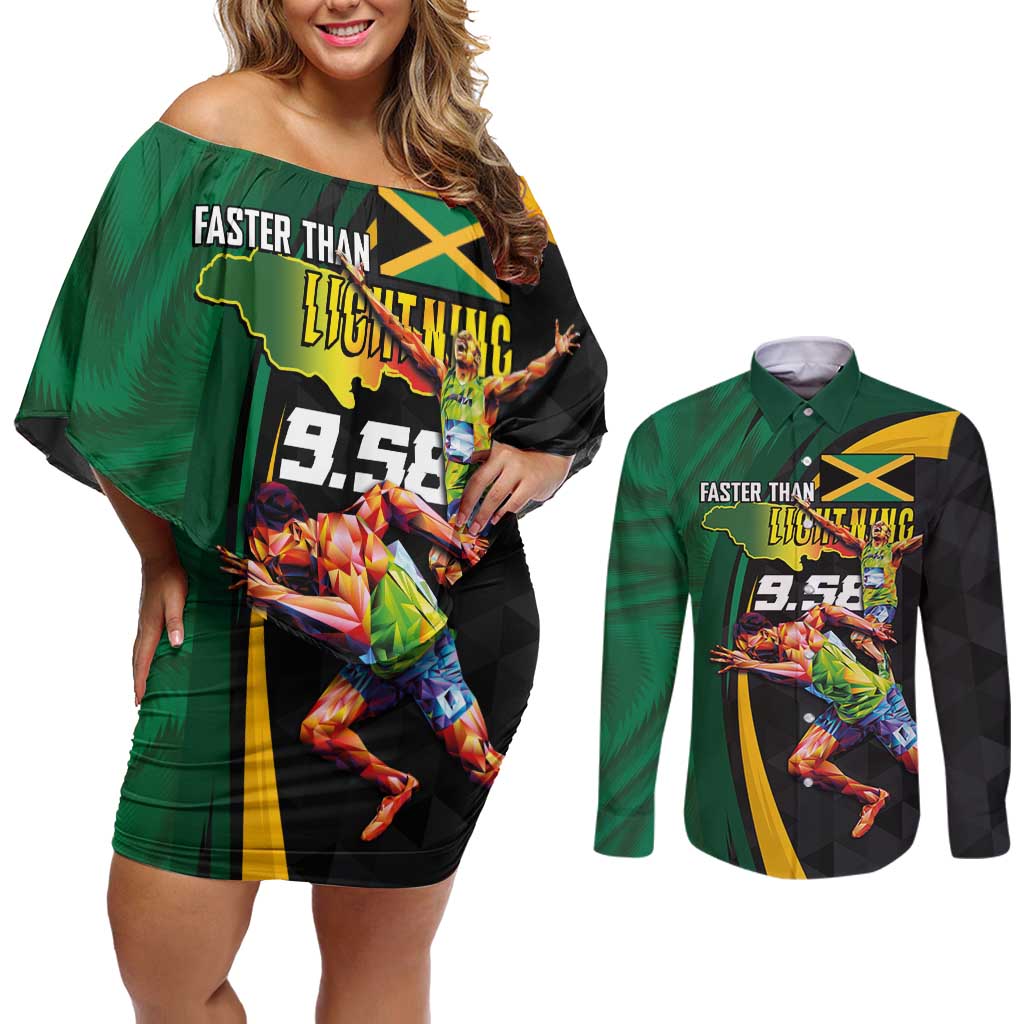 Jamaican Pride Couples Matching Off Shoulder Short Dress and Long Sleeve Button Shirt 9.58 Seconds-Faster Than Lightning - Wonder Print Shop