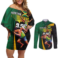 Jamaican Pride Couples Matching Off Shoulder Short Dress and Long Sleeve Button Shirt 9.58 Seconds-Faster Than Lightning - Wonder Print Shop