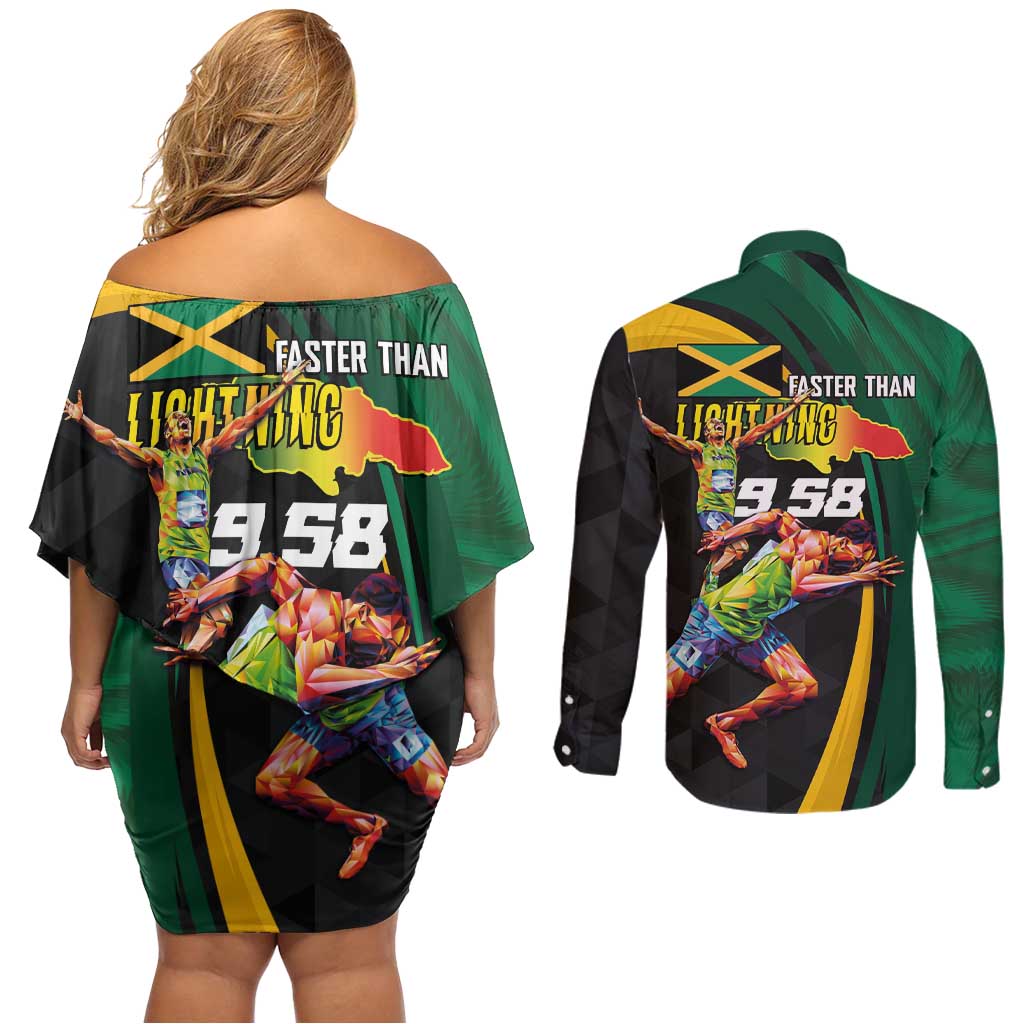 Jamaican Pride Couples Matching Off Shoulder Short Dress and Long Sleeve Button Shirt 9.58 Seconds-Faster Than Lightning - Wonder Print Shop