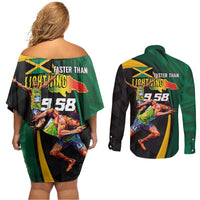 Jamaican Pride Couples Matching Off Shoulder Short Dress and Long Sleeve Button Shirt 9.58 Seconds-Faster Than Lightning - Wonder Print Shop