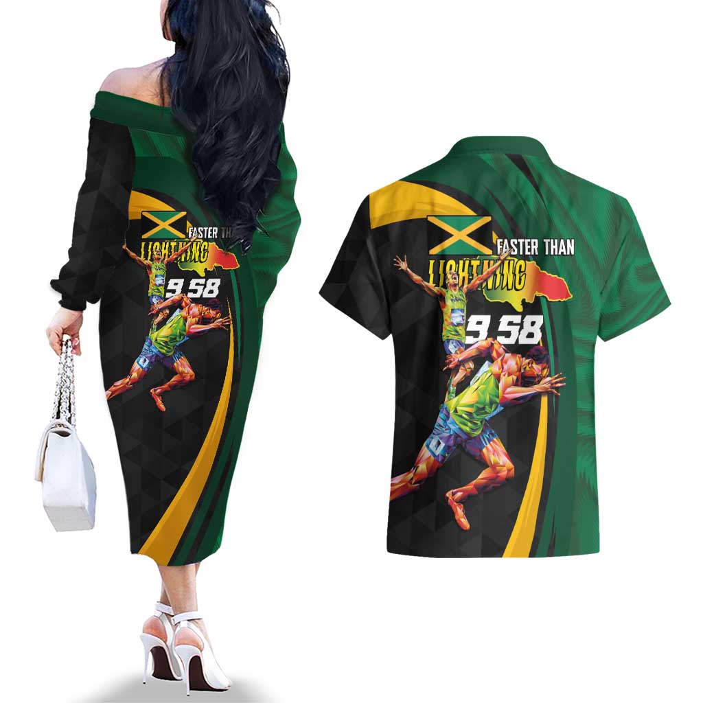 Jamaican Pride Couples Matching Off The Shoulder Long Sleeve Dress and Hawaiian Shirt 9.58 Seconds-Faster Than Lightning - Wonder Print Shop