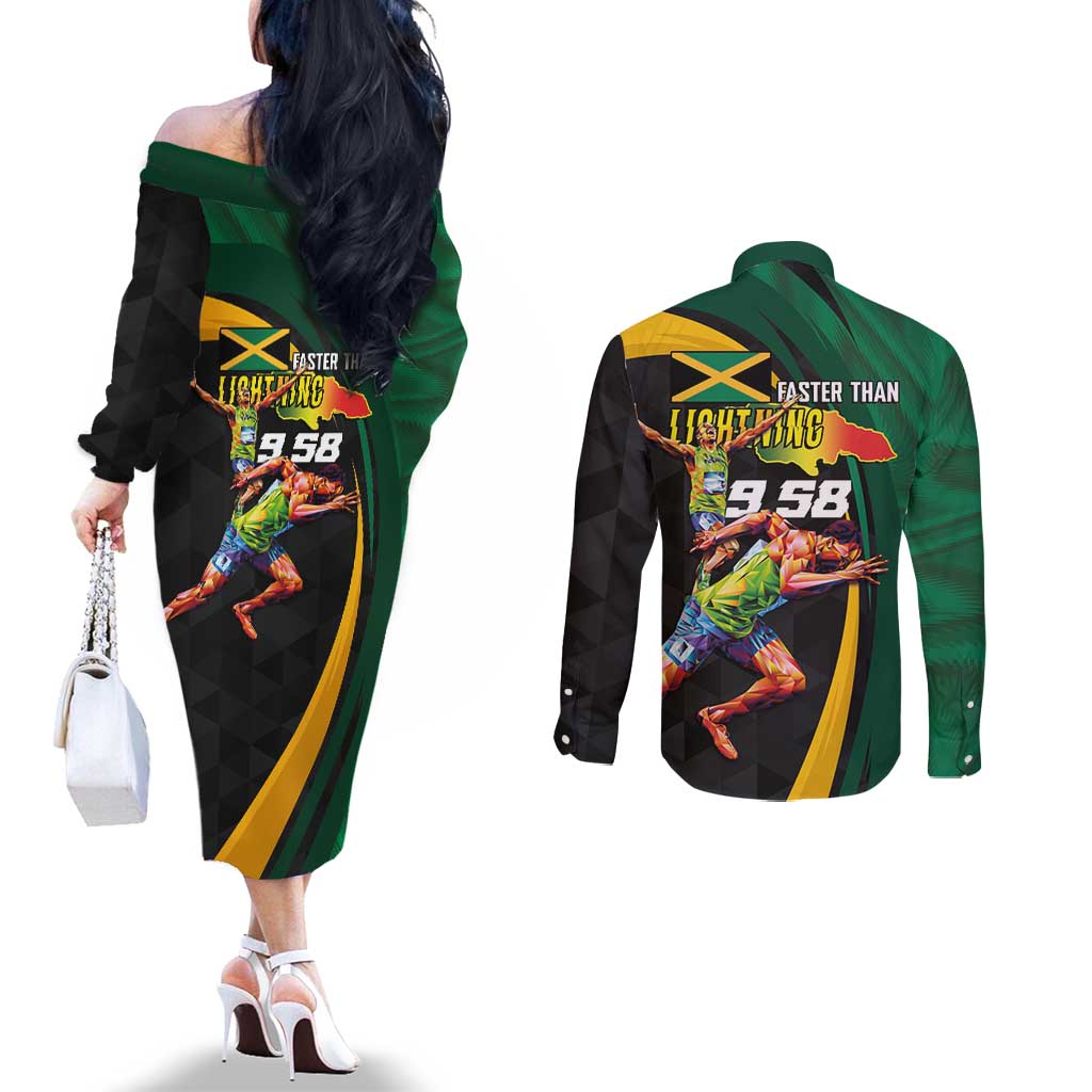 Jamaican Pride Couples Matching Off The Shoulder Long Sleeve Dress and Long Sleeve Button Shirt 9.58 Seconds-Faster Than Lightning - Wonder Print Shop