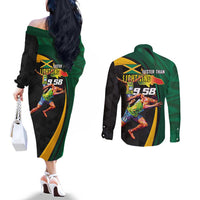 Jamaican Pride Couples Matching Off The Shoulder Long Sleeve Dress and Long Sleeve Button Shirt 9.58 Seconds-Faster Than Lightning - Wonder Print Shop