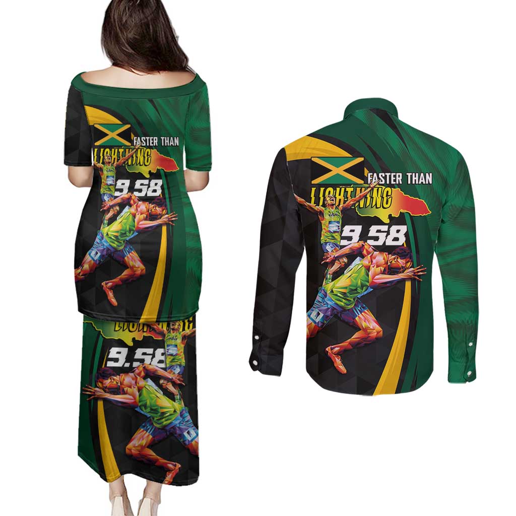 Jamaican Pride Couples Matching Puletasi and Long Sleeve Button Shirt 9.58 Seconds-Faster Than Lightning - Wonder Print Shop