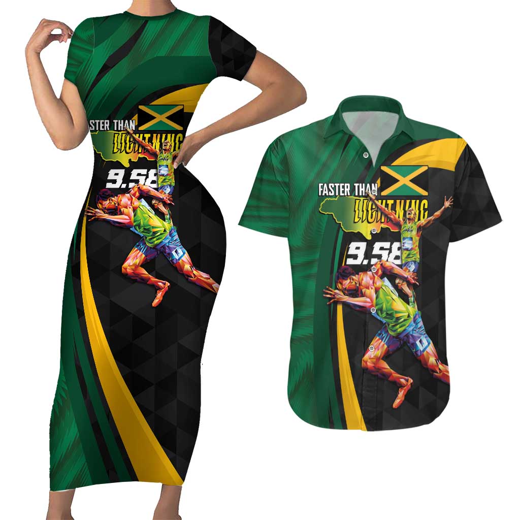 Jamaican Pride Couples Matching Short Sleeve Bodycon Dress and Hawaiian Shirt 9.58 Seconds-Faster Than Lightning - Wonder Print Shop