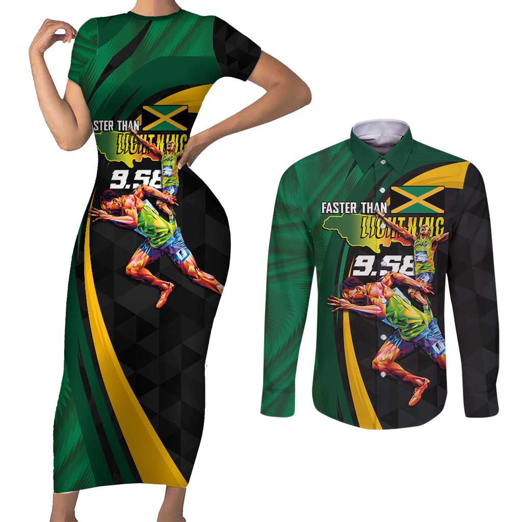 Jamaican Pride Couples Matching Short Sleeve Bodycon Dress and Long Sleeve Button Shirt 9.58 Seconds-Faster Than Lightning - Wonder Print Shop