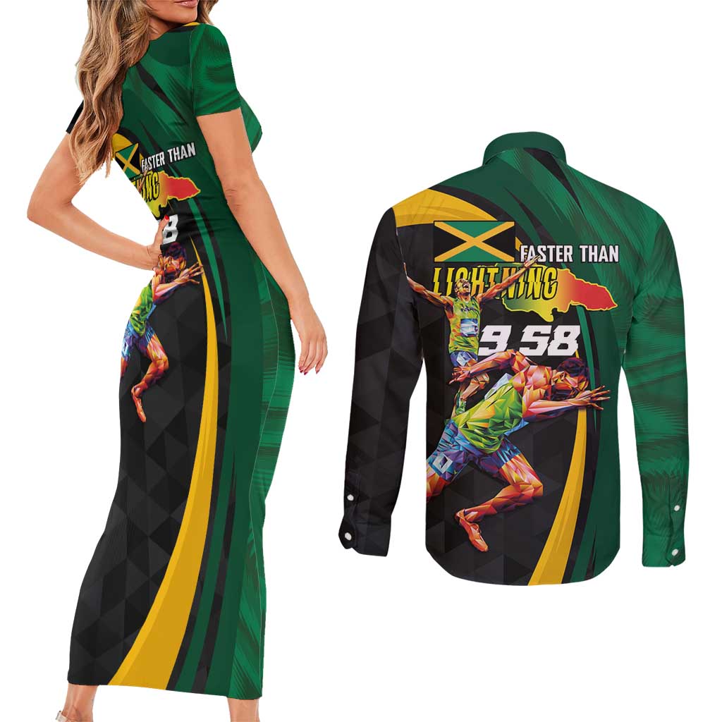 Jamaican Pride Couples Matching Short Sleeve Bodycon Dress and Long Sleeve Button Shirt 9.58 Seconds-Faster Than Lightning - Wonder Print Shop