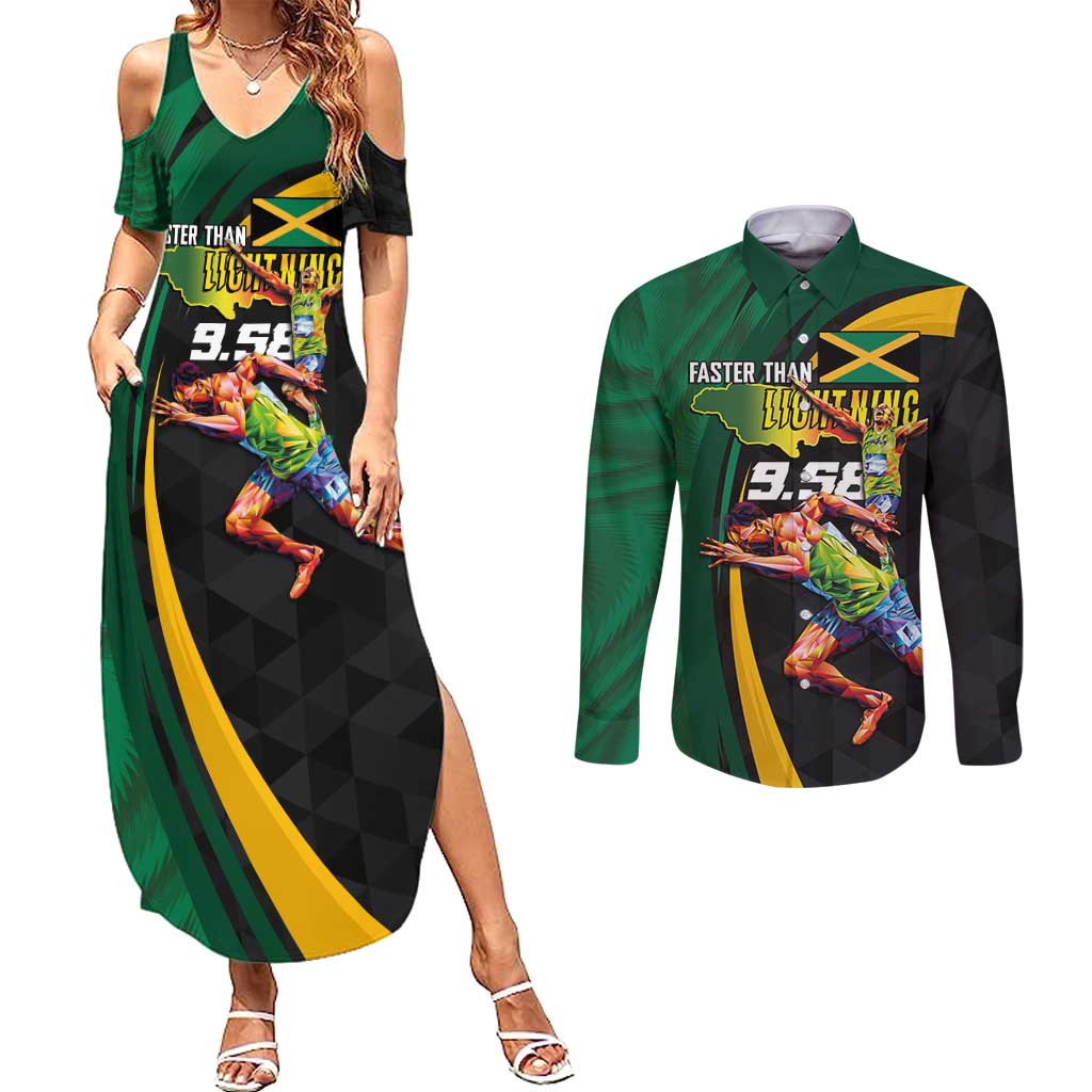 Jamaican Pride Couples Matching Summer Maxi Dress and Long Sleeve Button Shirt 9.58 Seconds-Faster Than Lightning - Wonder Print Shop