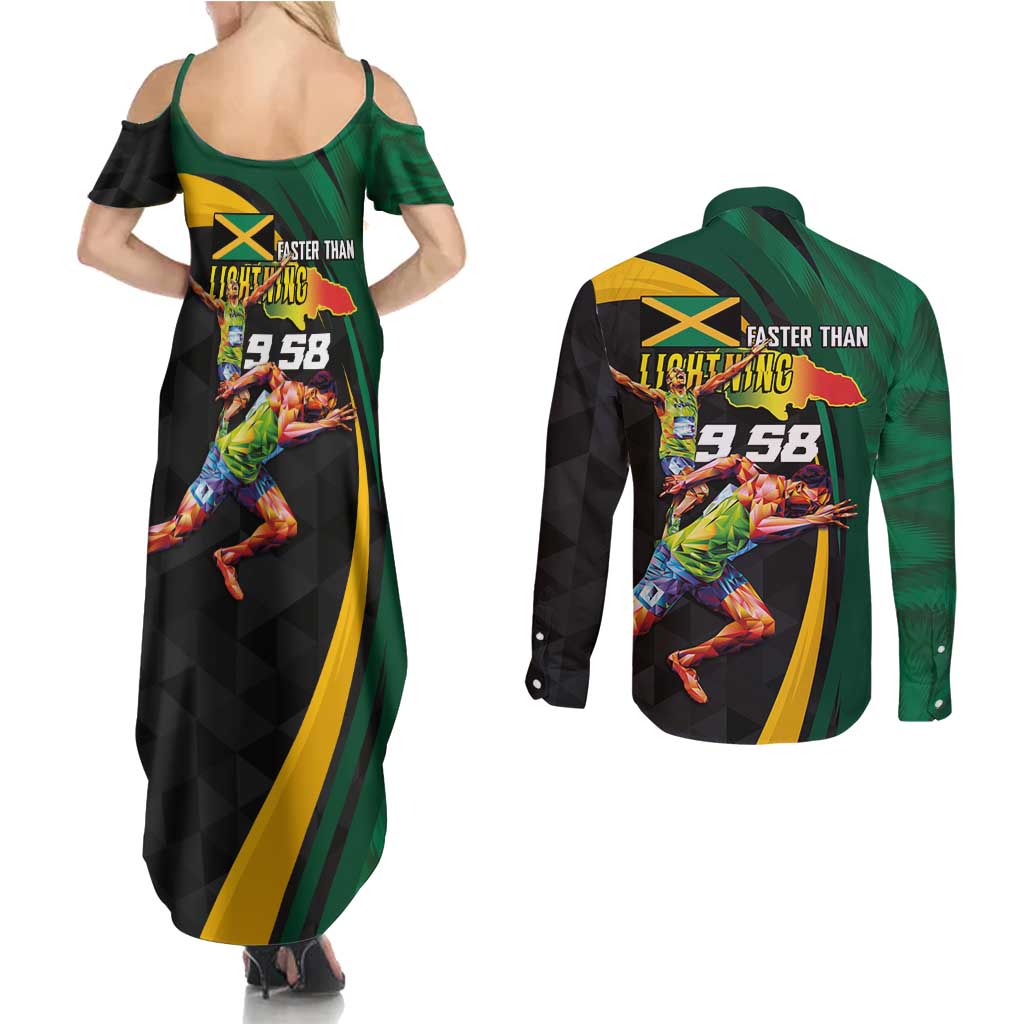 Jamaican Pride Couples Matching Summer Maxi Dress and Long Sleeve Button Shirt 9.58 Seconds-Faster Than Lightning - Wonder Print Shop