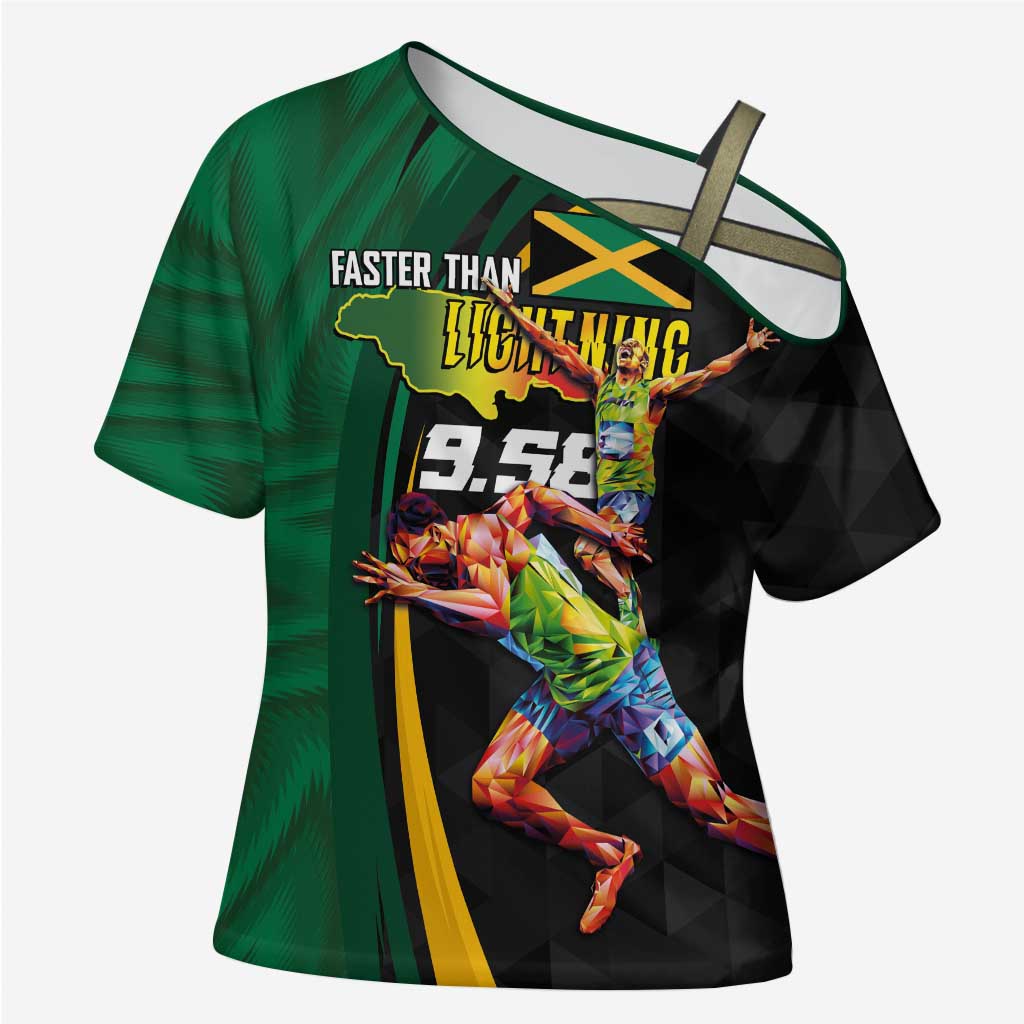 Jamaican Pride Cross Shoulder Shirt 9.58 Seconds-Faster Than Lightning - Wonder Print Shop