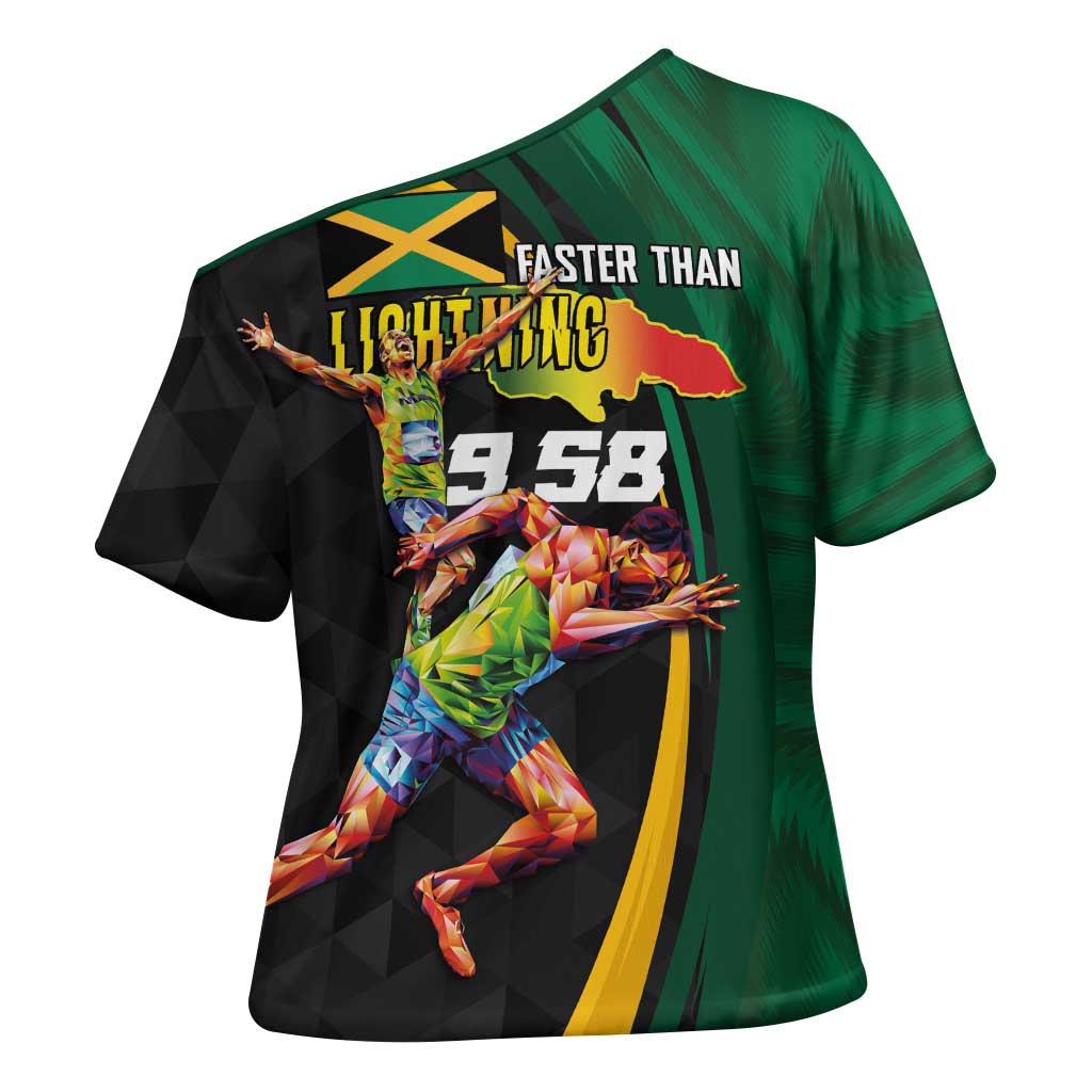 Jamaican Pride Cross Shoulder Shirt 9.58 Seconds-Faster Than Lightning - Wonder Print Shop