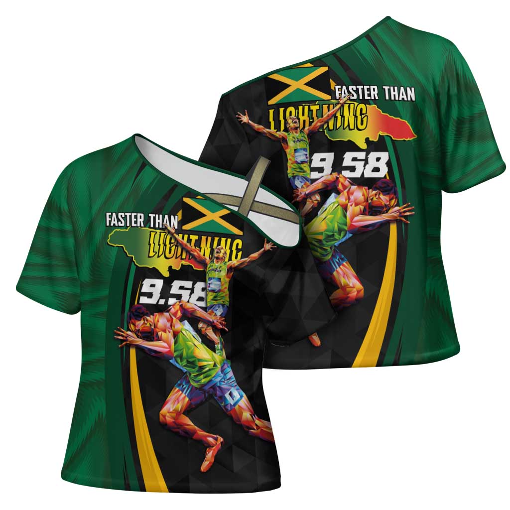 Jamaican Pride Cross Shoulder Shirt 9.58 Seconds-Faster Than Lightning - Wonder Print Shop