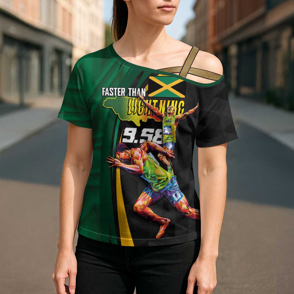Jamaican Pride Cross Shoulder Shirt 9.58 Seconds-Faster Than Lightning - Wonder Print Shop