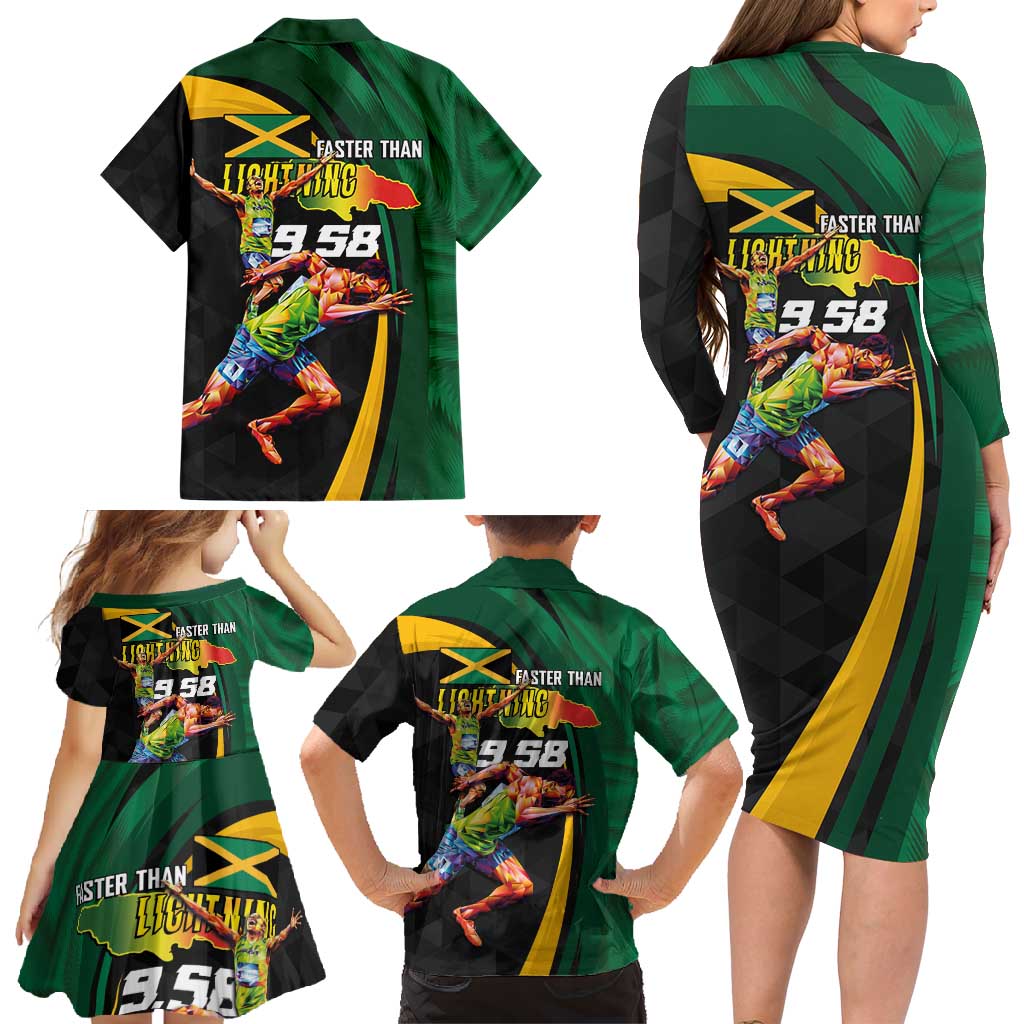 Jamaican Pride Family Matching Long Sleeve Bodycon Dress and Hawaiian Shirt 9.58 Seconds-Faster Than Lightning - Wonder Print Shop