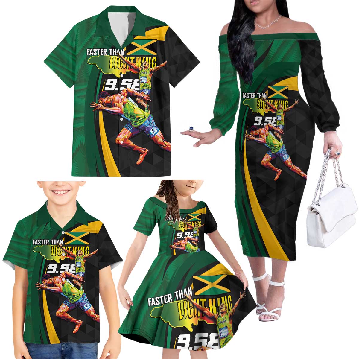 Jamaican Pride Family Matching Off The Shoulder Long Sleeve Dress and Hawaiian Shirt 9.58 Seconds-Faster Than Lightning - Wonder Print Shop