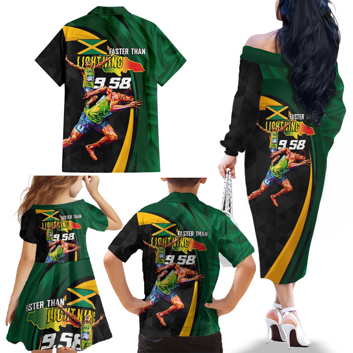 Jamaican Pride Family Matching Off The Shoulder Long Sleeve Dress and Hawaiian Shirt 9.58 Seconds-Faster Than Lightning - Wonder Print Shop