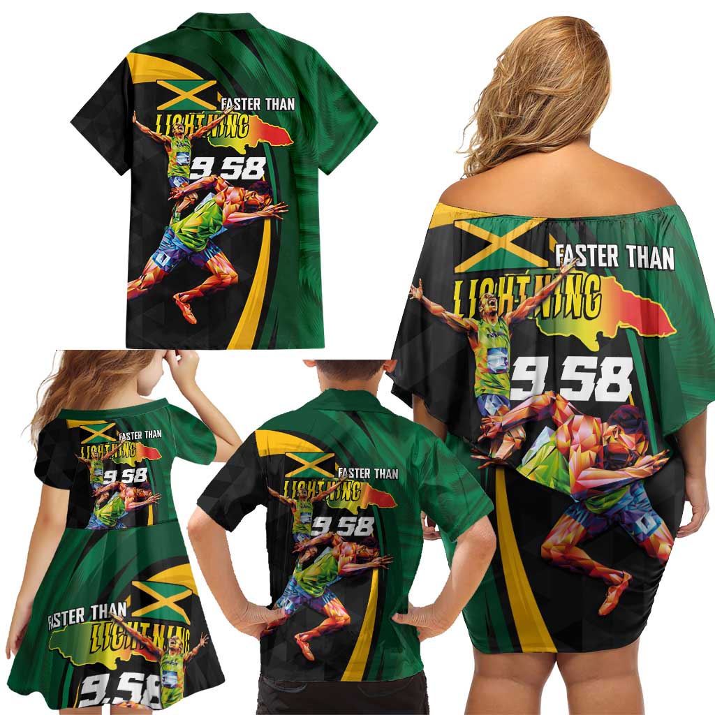 Jamaican Pride Family Matching Off Shoulder Short Dress and Hawaiian Shirt 9.58 Seconds-Faster Than Lightning - Wonder Print Shop