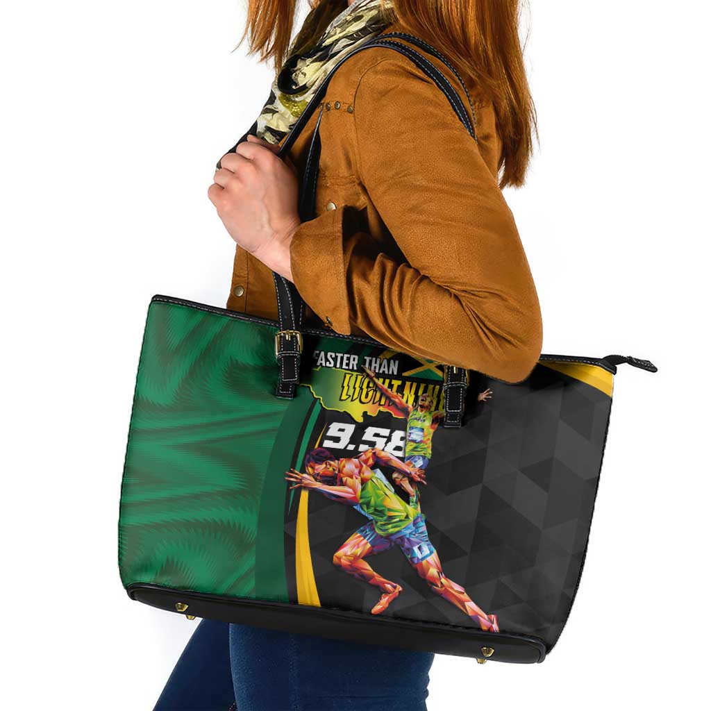 Jamaican Pride Leather Tote Bag 9.58 Seconds-Faster Than Lightning - Wonder Print Shop