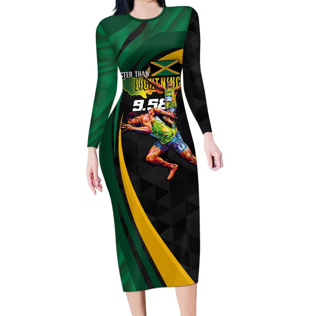Jamaican Pride Long Sleeve Bodycon Dress 9.58 Seconds-Faster Than Lightning - Wonder Print Shop