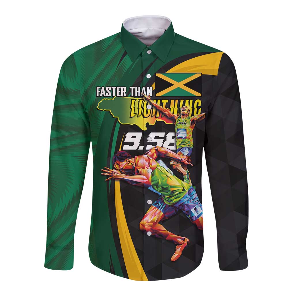 Jamaican Pride Long Sleeve Button Shirt 9.58 Seconds-Faster Than Lightning - Wonder Print Shop