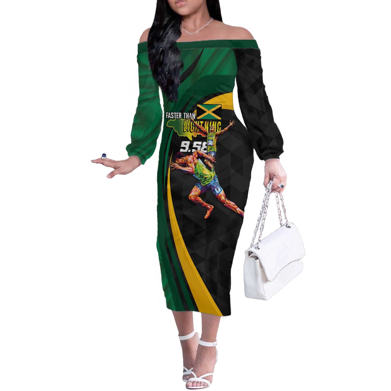 Jamaican Pride Off The Shoulder Long Sleeve Dress 9.58 Seconds-Faster Than Lightning - Wonder Print Shop