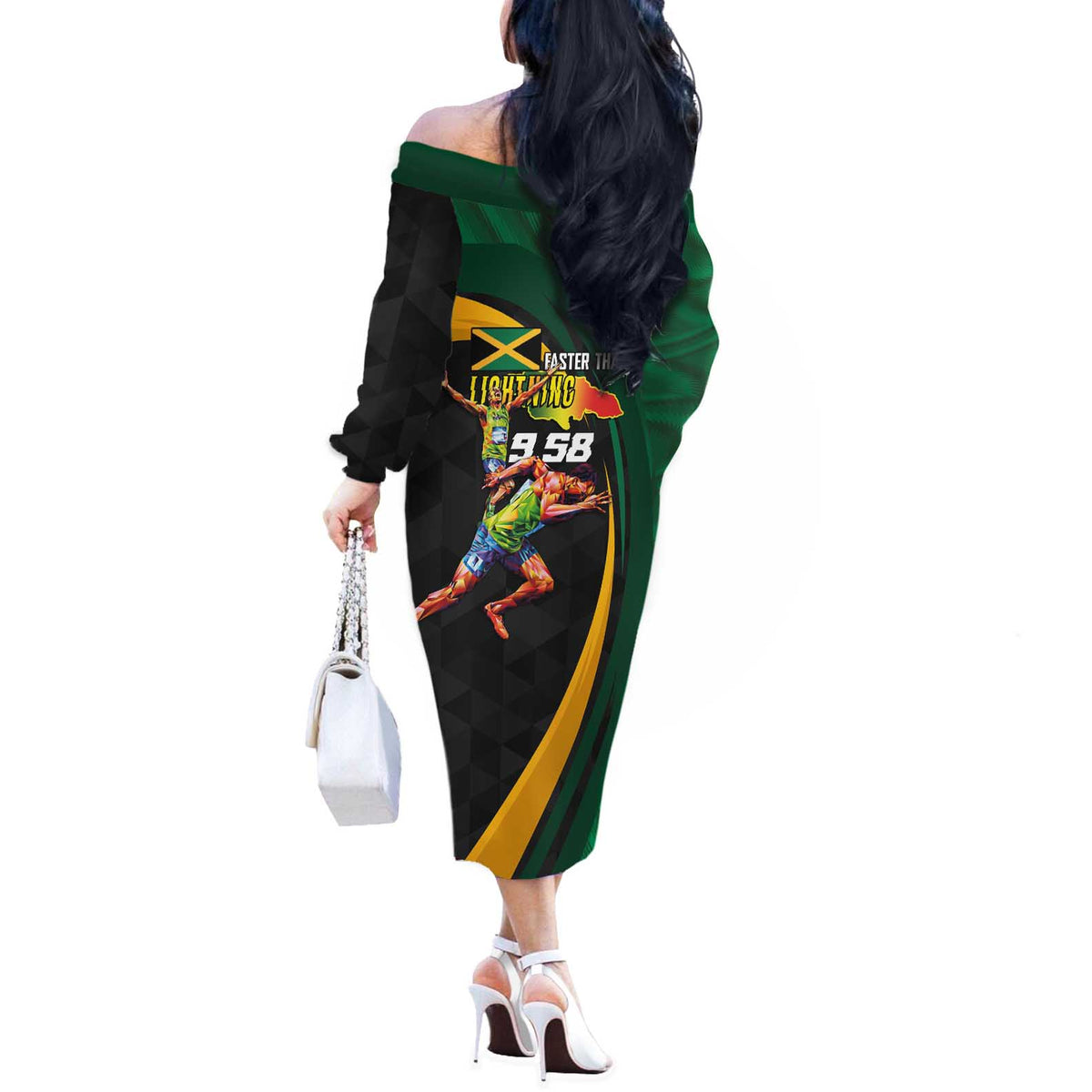 Jamaican Pride Off The Shoulder Long Sleeve Dress 9.58 Seconds-Faster Than Lightning - Wonder Print Shop