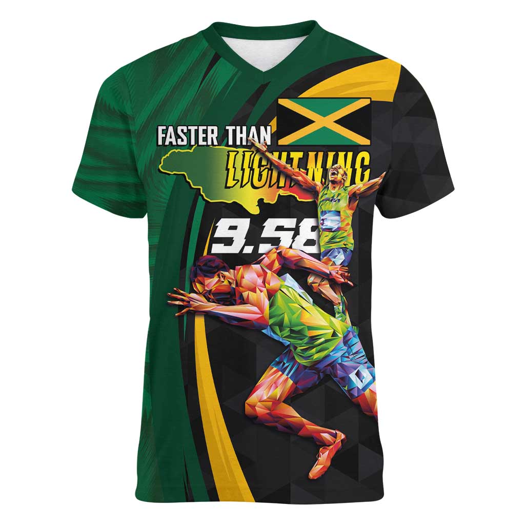 Jamaican Pride Women V-Neck T-Shirt 9.58 Seconds-Faster Than Lightning - Wonder Print Shop