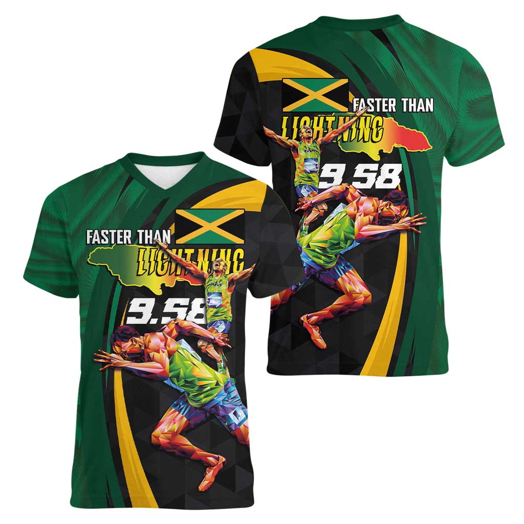 Jamaican Pride Women V-Neck T-Shirt 9.58 Seconds-Faster Than Lightning - Wonder Print Shop