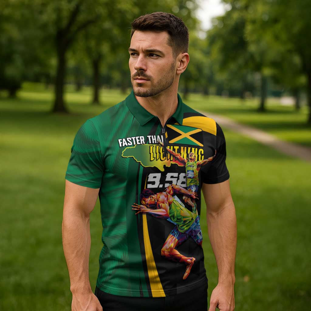 Jamaican Pride Zipper Polo Shirt 9.58 Seconds-Faster Than Lightning - Wonder Print Shop