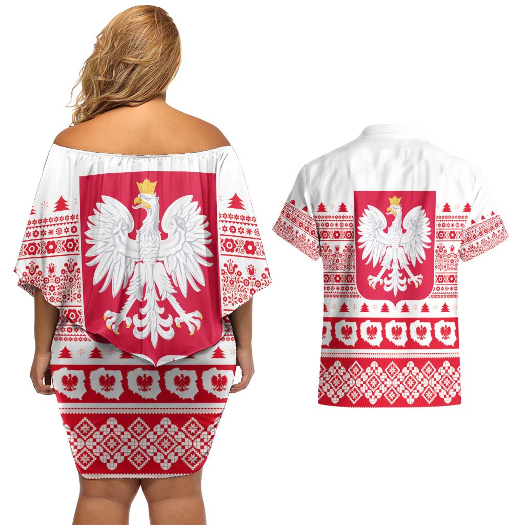 Polish Christmas Couples Matching Off Shoulder Short Dress and Hawaiian Shirt - Poland Emblem and Lachy Sadeckie Pattern - Wonder Print Shop