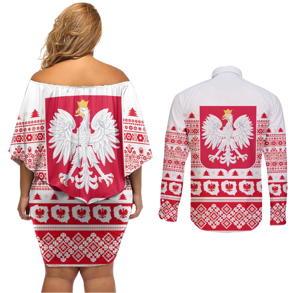 Polish Christmas Couples Matching Off Shoulder Short Dress and Long Sleeve Button Shirt - Poland Emblem and Lachy Sadeckie Pattern - Wonder Print Shop