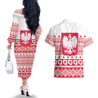 Polish Christmas Couples Matching Off The Shoulder Long Sleeve Dress and Hawaiian Shirt - Poland Emblem and Lachy Sadeckie Pattern - Wonder Print Shop