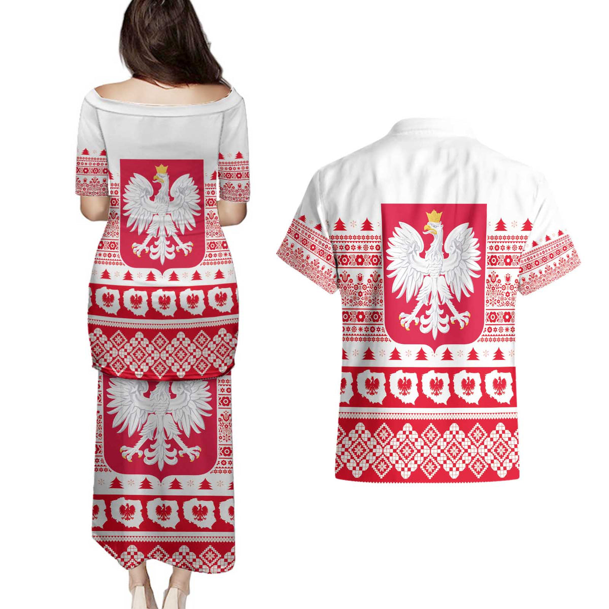 Polish Christmas Couples Matching Puletasi and Hawaiian Shirt - Poland Emblem and Lachy Sadeckie Pattern - Wonder Print Shop