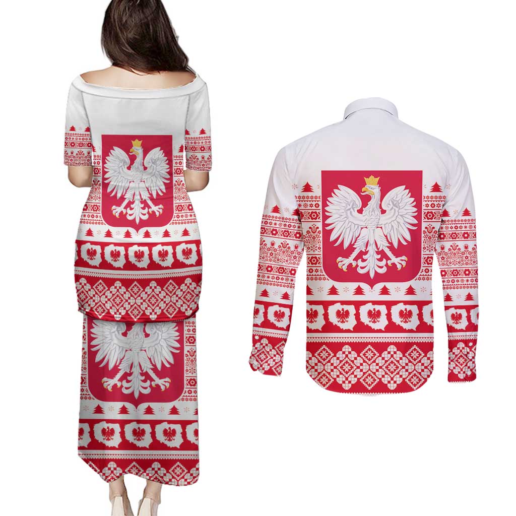 Polish Christmas Couples Matching Puletasi and Long Sleeve Button Shirt - Poland Emblem and Lachy Sadeckie Pattern - Wonder Print Shop