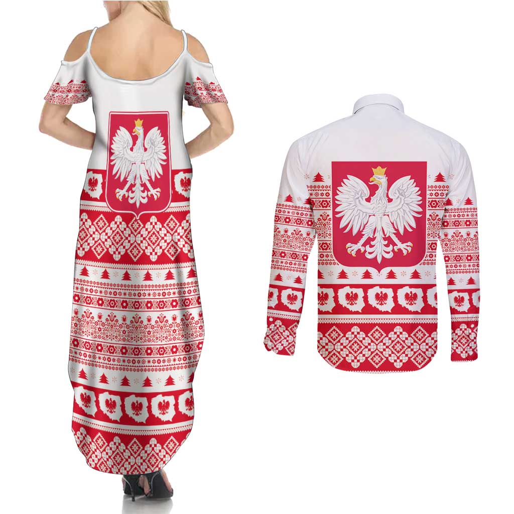 Polish Christmas Couples Matching Summer Maxi Dress and Long Sleeve Button Shirt - Poland Emblem and Lachy Sadeckie Pattern - Wonder Print Shop