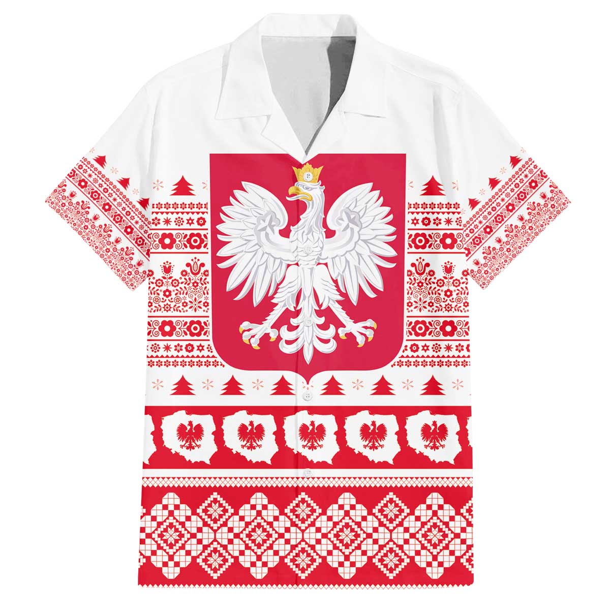 Polish Christmas Family Matching Off The Shoulder Long Sleeve Dress and Hawaiian Shirt - Poland Emblem and Lachy Sadeckie Pattern - Wonder Print Shop
