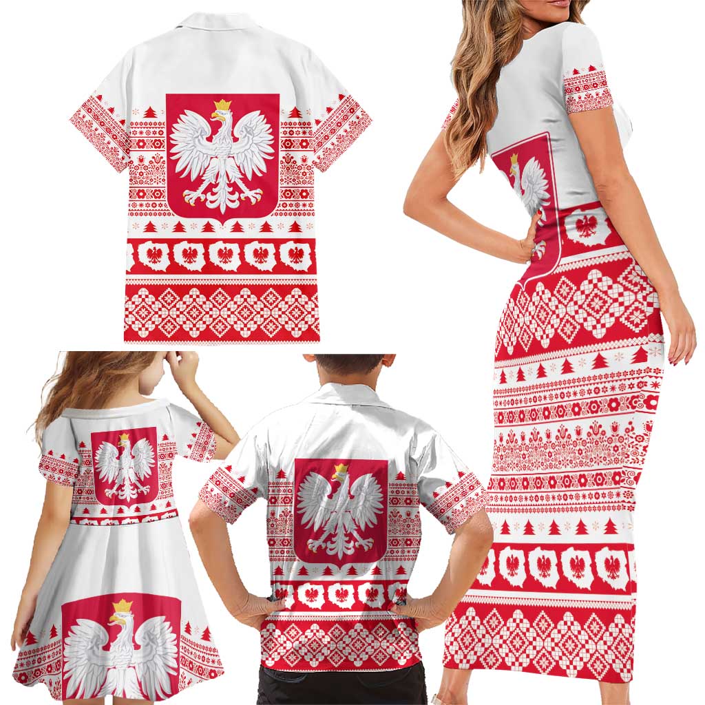 Polish Christmas Family Matching Short Sleeve Bodycon Dress and Hawaiian Shirt - Poland Emblem and Lachy Sadeckie Pattern - Wonder Print Shop