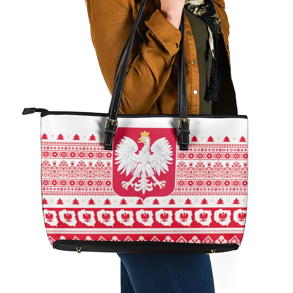 Polish Christmas Leather Tote Bag - Poland Emblem and Lachy Sadeckie Pattern - Wonder Print Shop