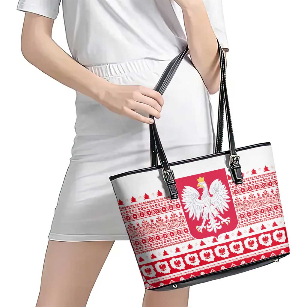 Polish Christmas Leather Tote Bag - Poland Emblem and Lachy Sadeckie Pattern - Wonder Print Shop