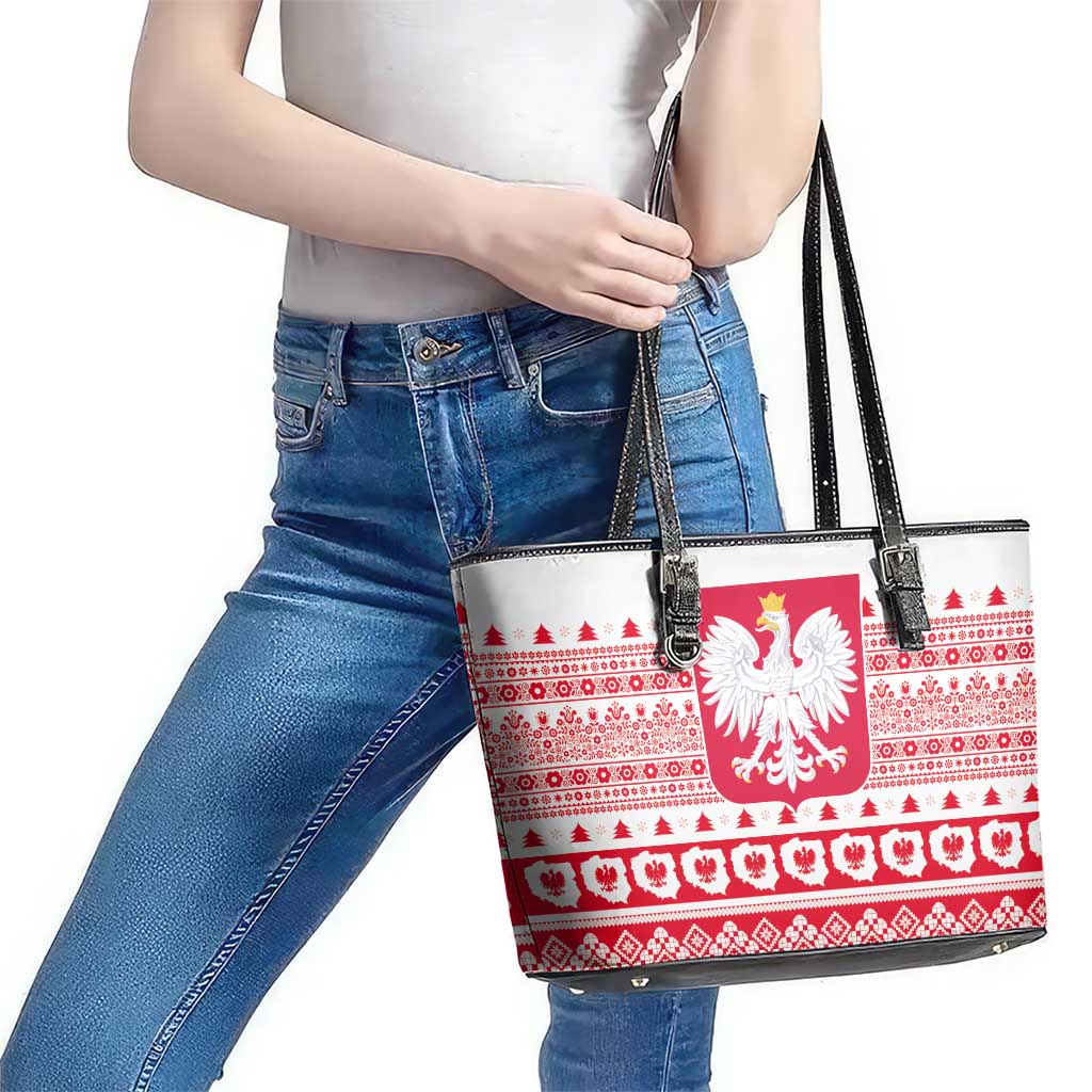 Polish Christmas Leather Tote Bag - Poland Emblem and Lachy Sadeckie Pattern - Wonder Print Shop