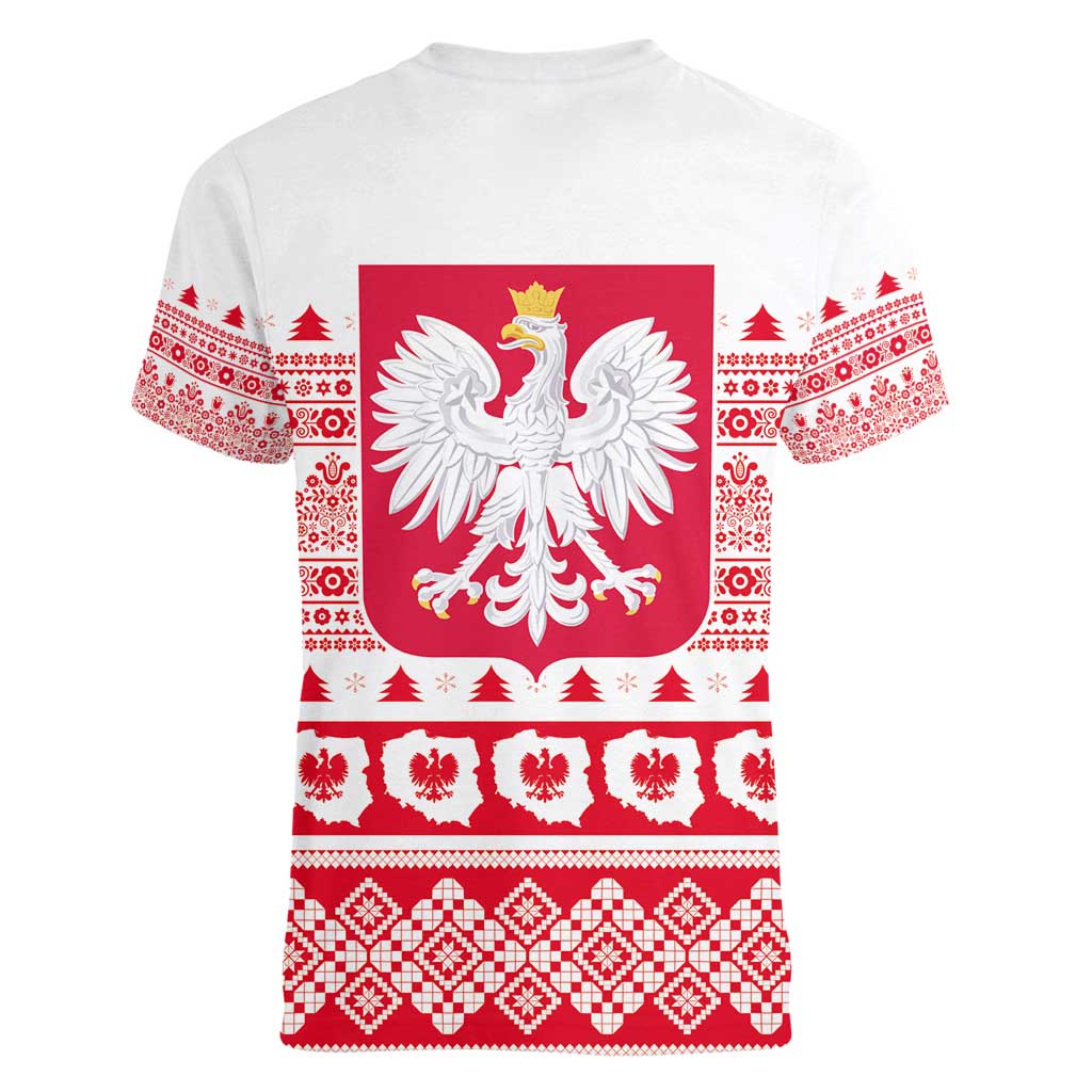 Polish Christmas Women V-Neck T-Shirt - Poland Emblem and Lachy Sadeckie Pattern - Wonder Print Shop