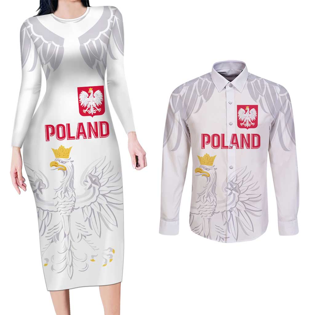 Custom Polish Football Jersey Couples Matching Long Sleeve Bodycon Dress and Long Sleeve Button Shirt Polska Eagle Athletic Soccer - Wonder Print Shop