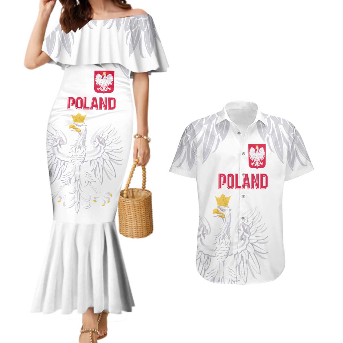 Custom Polish Football Jersey Couples Matching Mermaid Dress and Hawaiian Shirt Polska Eagle Athletic Soccer - Wonder Print Shop