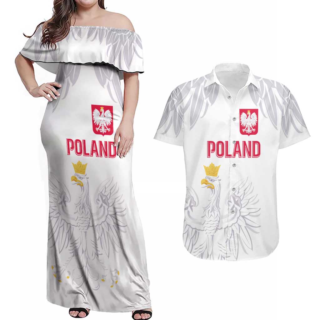 Custom Polish Football Jersey Couples Matching Off Shoulder Maxi Dress and Hawaiian Shirt Polska Eagle Athletic Soccer - Wonder Print Shop