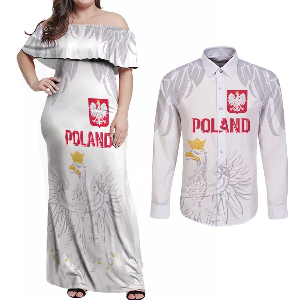Custom Polish Football Jersey Couples Matching Off Shoulder Maxi Dress and Long Sleeve Button Shirt Polska Eagle Athletic Soccer - Wonder Print Shop