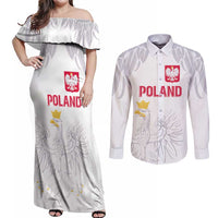 Custom Polish Football Jersey Couples Matching Off Shoulder Maxi Dress and Long Sleeve Button Shirt Polska Eagle Athletic Soccer - Wonder Print Shop